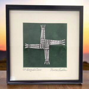 ST BRIGIDS CROSS Marcie Preisler Handcrafted PEWTER Signed Framed Matted 7x7 Ins